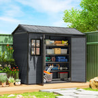 Dark grey resin garden storage shed with open double doors and windowed front