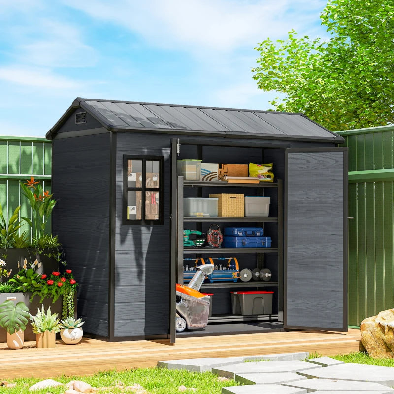 Dark grey resin garden storage shed with open double doors and windowed front