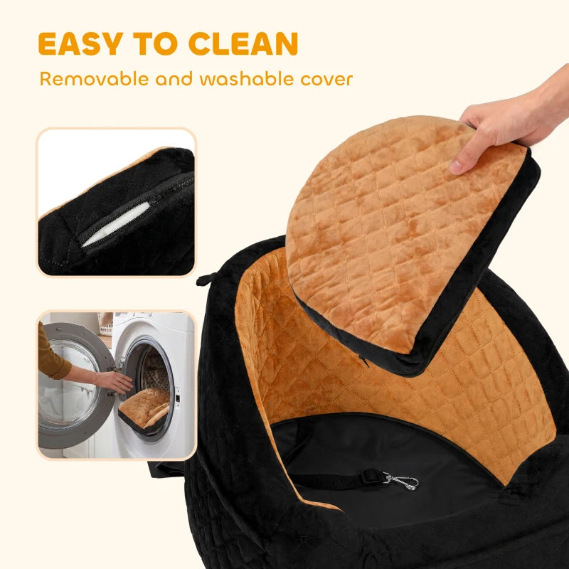 Dog car booster seat with removable washable cover and quilted brown inner panel