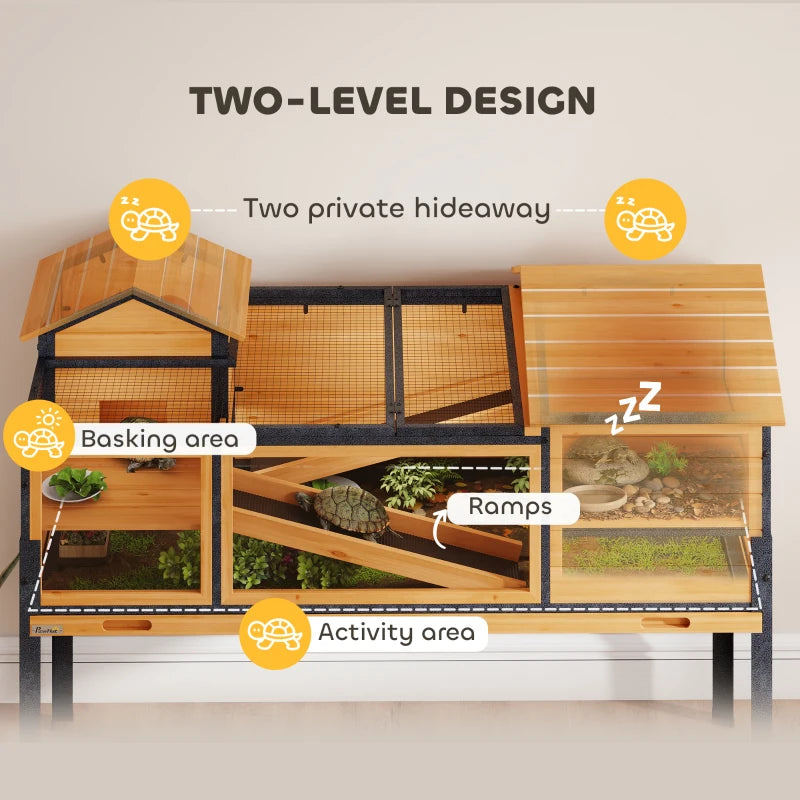 Two-level wooden tortoise house with ramps and two areas, yellow frame