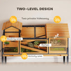 Two-level wooden tortoise house with ramps and two areas, yellow frame