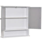 White bathroom wall storage cabinet with open shelf and grey right-side door compartment