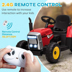 Red ride-on tractor with detachable yellow trailer and 2.4G remote controller