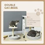 Light grey cat tower with two plush resting levels and hanging ball