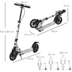 Silver folding kick scooter with size diagram; front and rear wheels shown.