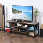 TV unit cabinet with brown shelves and grey frame, open media storage under flat-screen TV