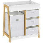 White baby changing table with fabric basket and three drawers, wooden frame.