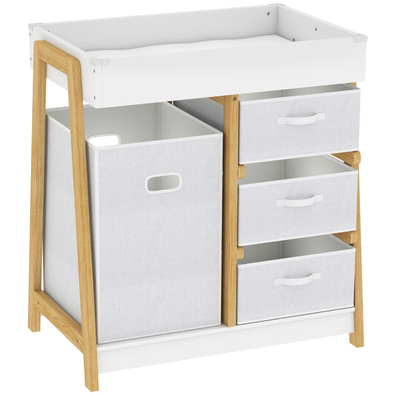White baby changing table with fabric basket and three drawers, wooden frame.