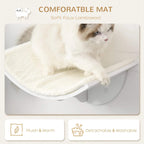 Wall-mounted cat perch shelf with plush cream faux fur mat for comfort and warmth