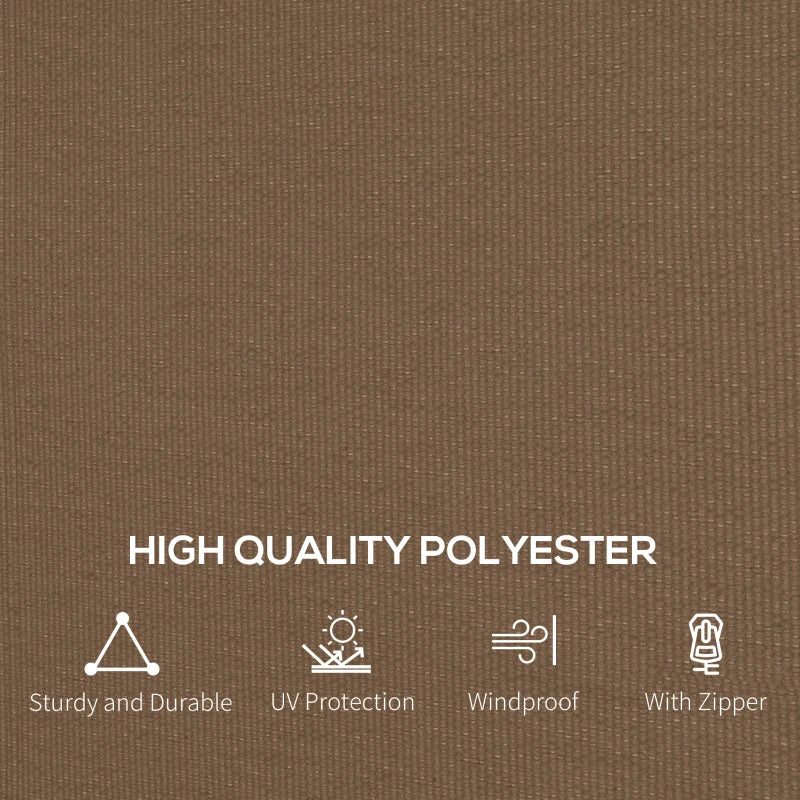 Dark brown polyester curtain fabric texture with UV and windproof icons
