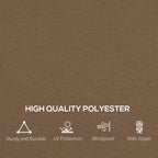 Dark brown polyester curtain fabric texture with UV and windproof icons
