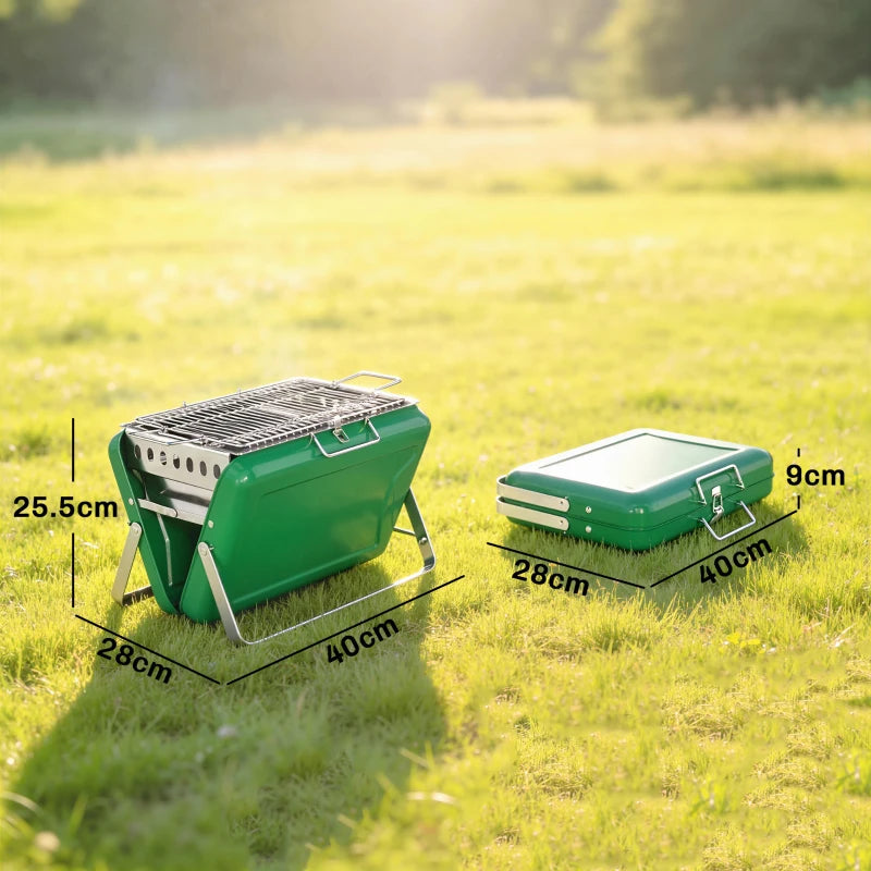 Compact green charcoal BBQ grill with wire grate on folding metal legs