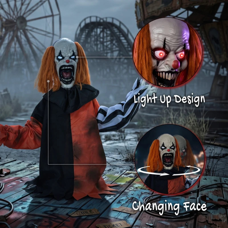 Halloween animatronic clown in black-and-orange outfit with red glowing eyes, waving hand