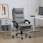Grey massage office chair with footrest, thick padded seat, and chrome wheeled base