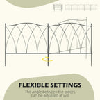 Black arched metal fence panels connected at an adjustable angle, shown in layout