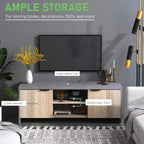 Grey TV console with double-layer center shelf and side cabinets, concrete-look top