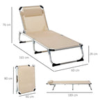 Khaki foldable sun lounger with adjustable backrest, aluminum frame, padded headrest