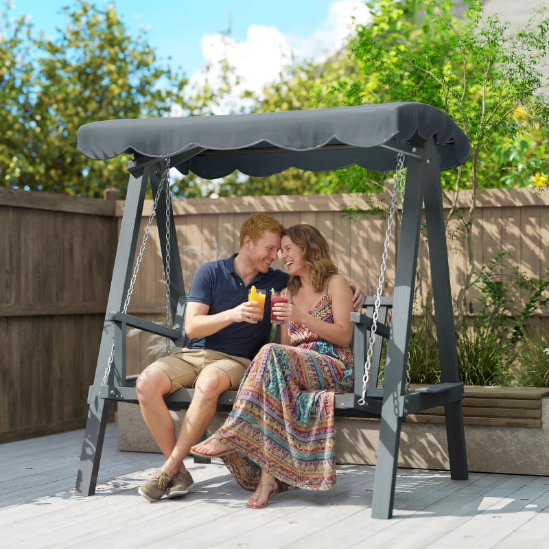 Grey wooden swing bench with canopy, chain-hung seat and side armrests