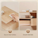 Oak-toned floating bedside table with smooth-glide rails and easy-clean surface detail