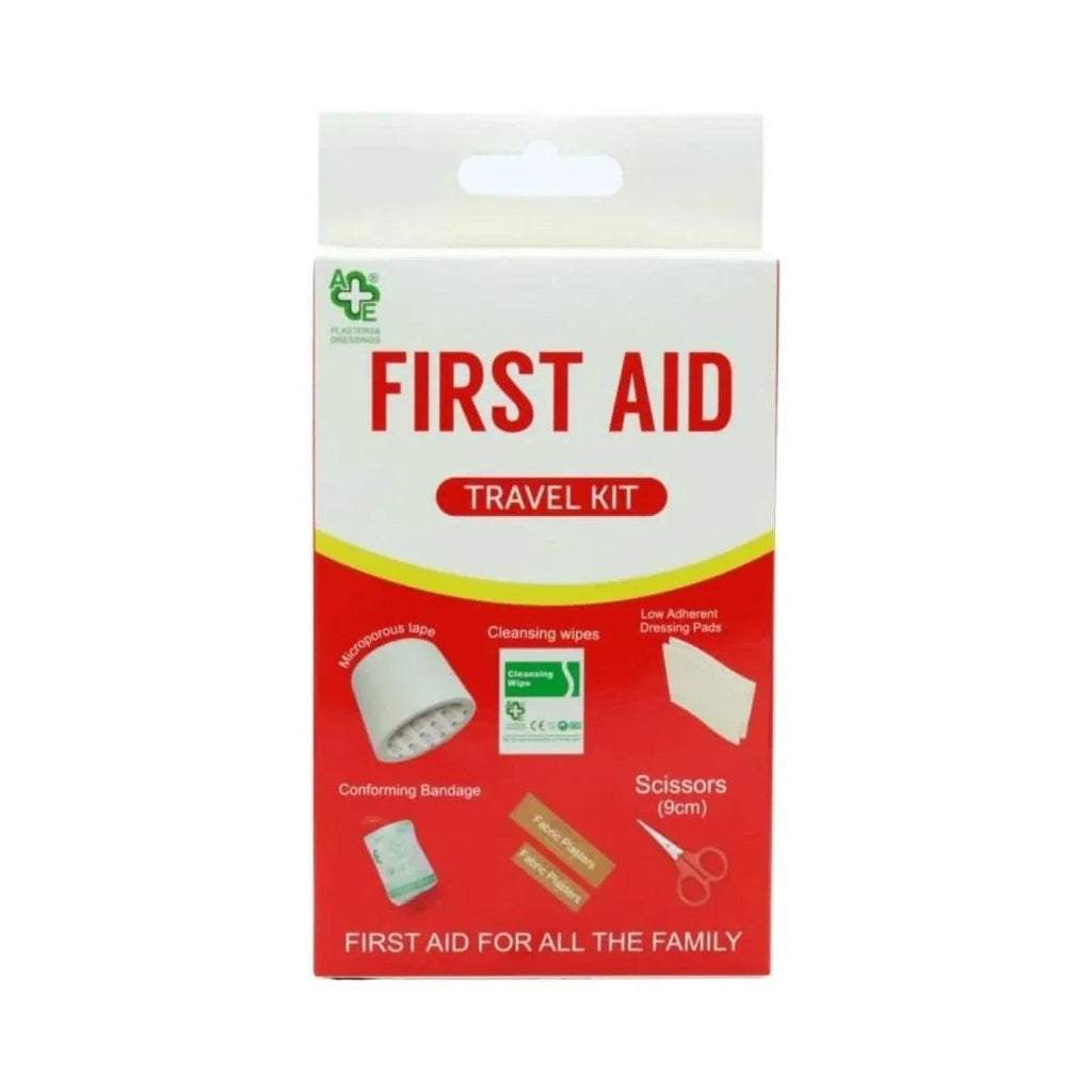 First aid travel kit package with red and white front label