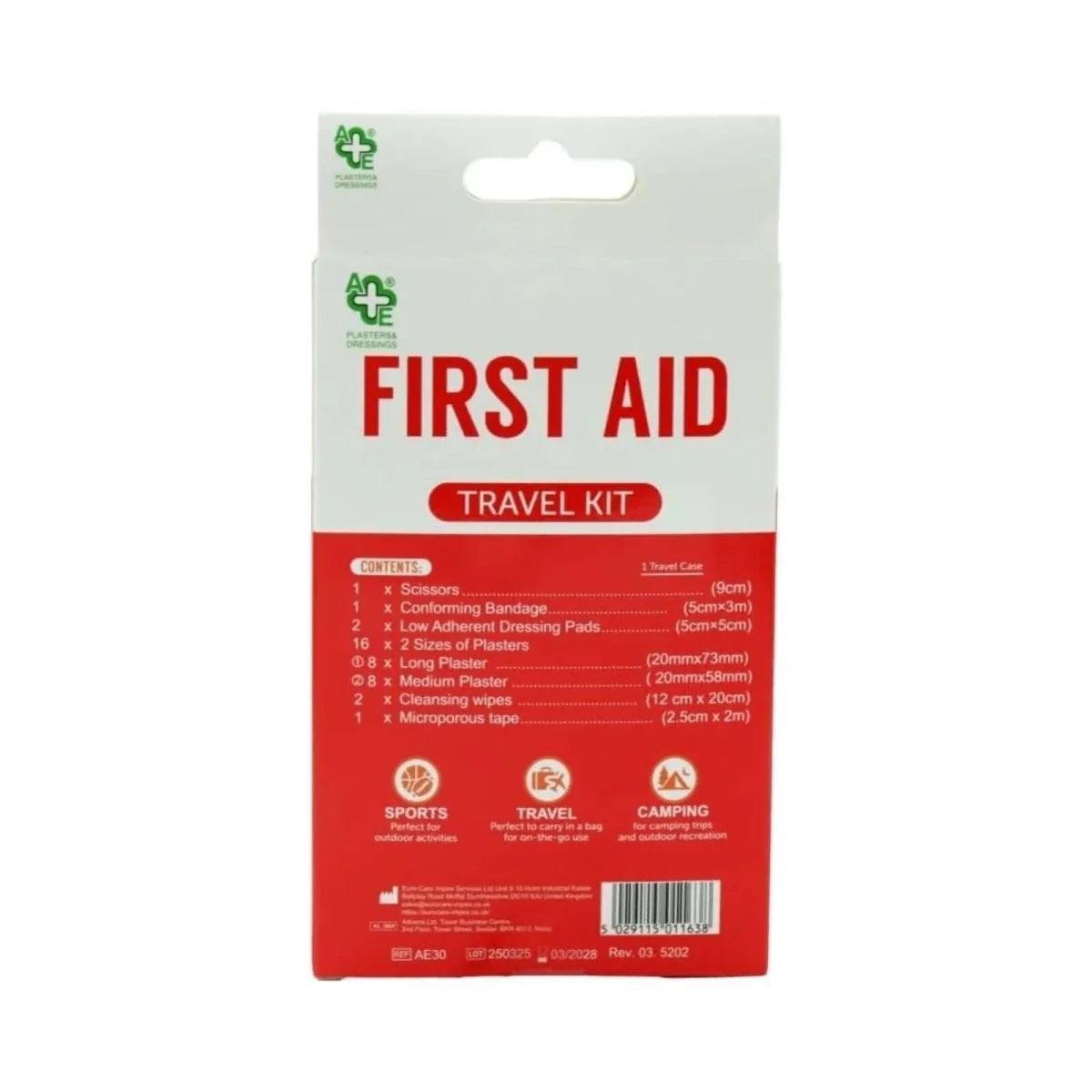 First aid travel kit back with contents list and sports, travel, camping icons