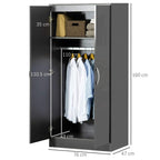 Grey 2-door wardrobe interior with hanging rail and shelf, with size markers