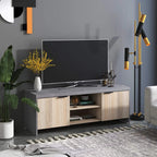 Grey and light wood TV cabinet with two doors and open shelves, flat tabletop