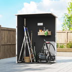 Black outdoor storage shed with open doors and interior storage space