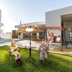 Kids outdoor table-and-chair set with round table and monkey umbrella, with two chairs