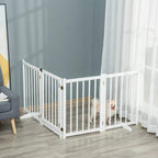 White freestanding pet gate with vertical bars and open entry, keeping pets behind