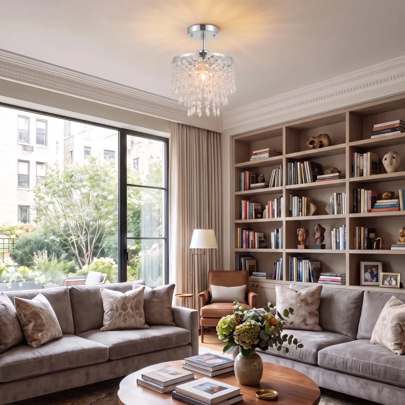 Ceiling-mounted crystal light with silver finish and cascading clear crystal drop strands
