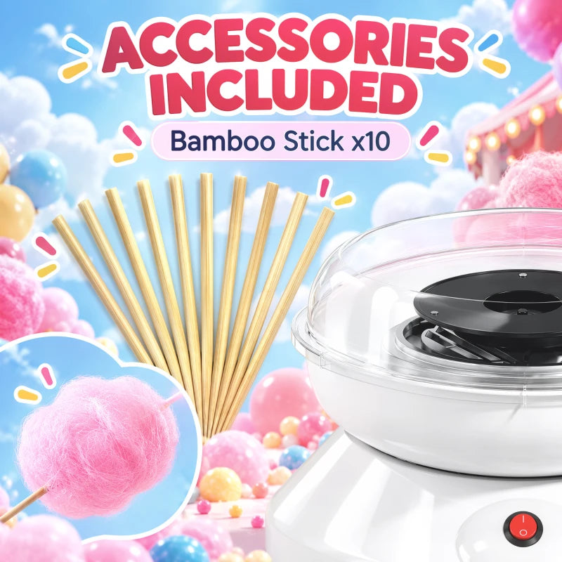 White cotton candy machine with clear bowl and included bundle of bamboo sticks
