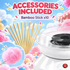 White cotton candy machine with clear bowl and included bundle of bamboo sticks