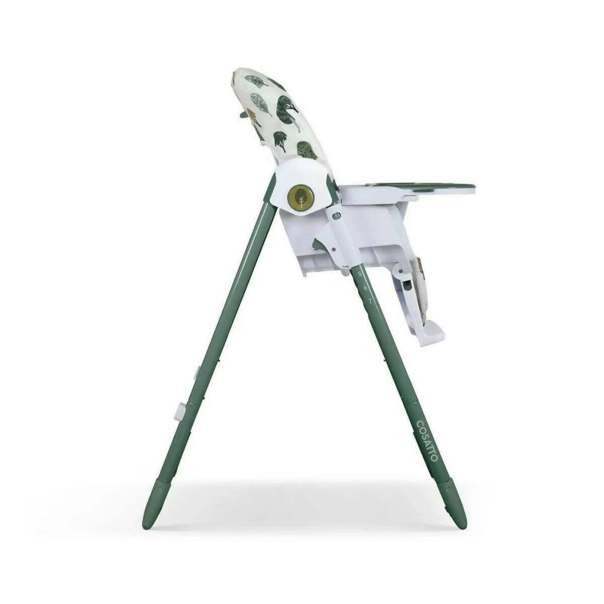 Baby highchair side view with patterned headrest, white tray, and green folding legs