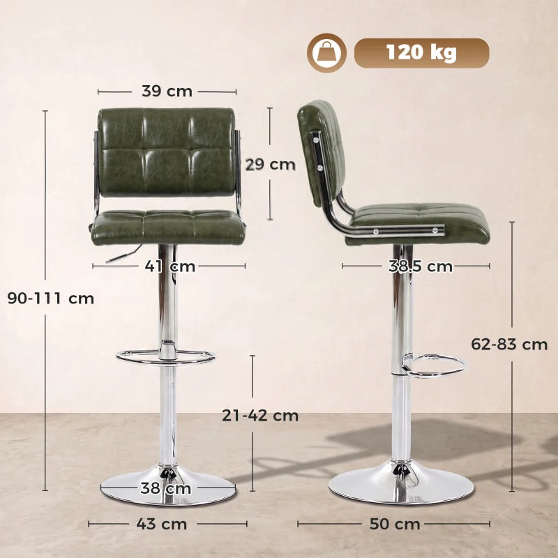 Green PU leather bar stools with backrests and chrome pedestal bases, adjustable height