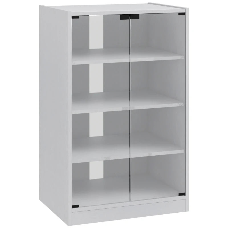 4-tier hi-fi cabinet with white wood-effect frame and clear glass doors, closed