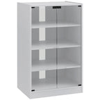 4-tier hi-fi cabinet with white wood-effect frame and clear glass doors, closed