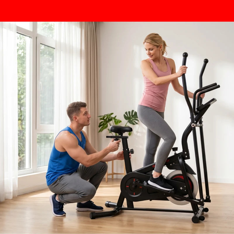Black elliptical cross trainer with seat, handlebars, and wheels for home use