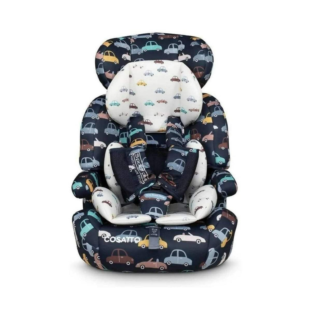 Group 1-3 car seat front view with navy vehicle pattern and cushioned inserts