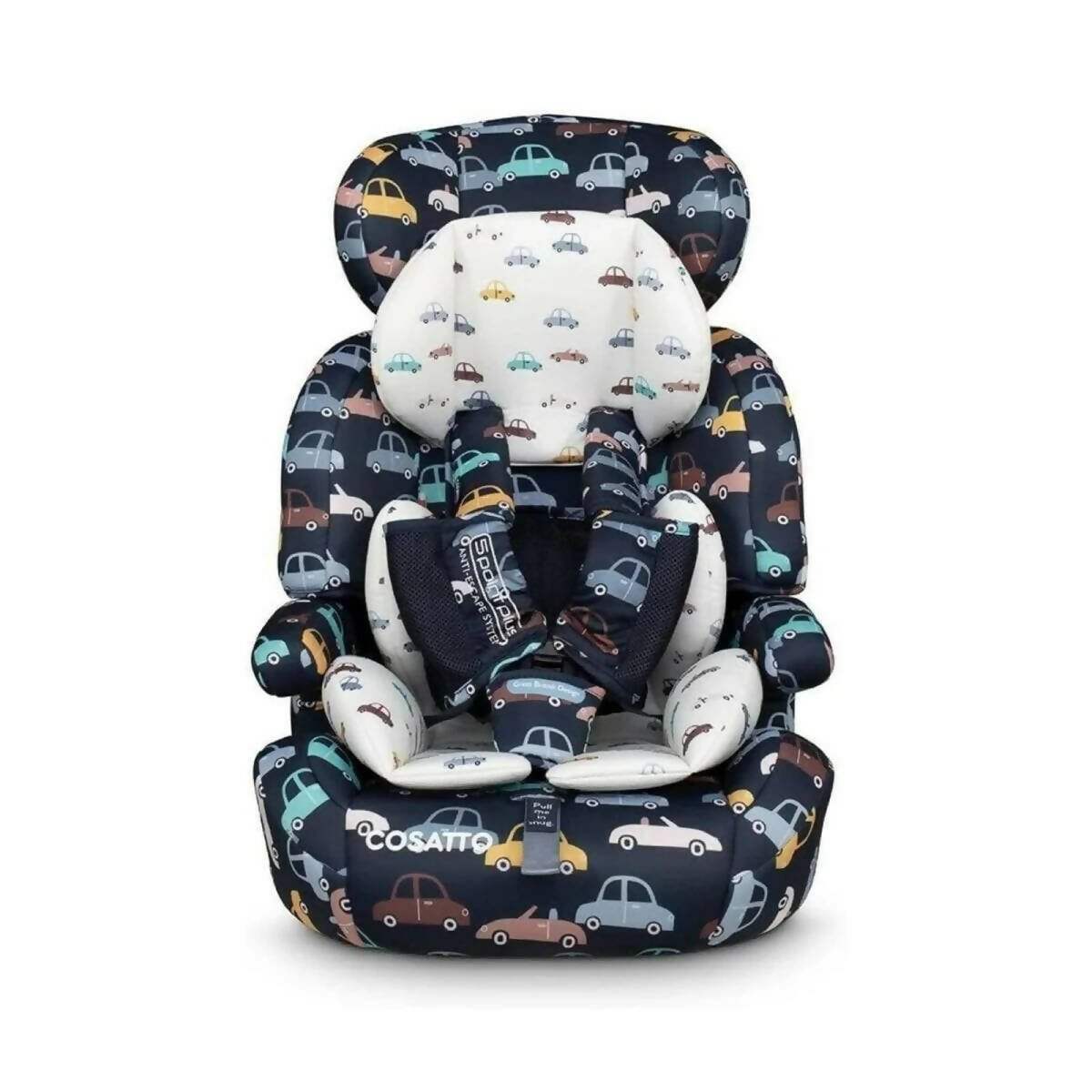 Group 1-3 car seat front view with navy vehicle pattern and cushioned inserts
