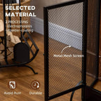 Black metal mesh fireplace screen panel with door frame, durable finish detail