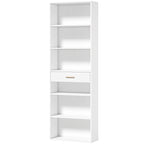 White tall narrow bookcase with open shelves and a center drawer