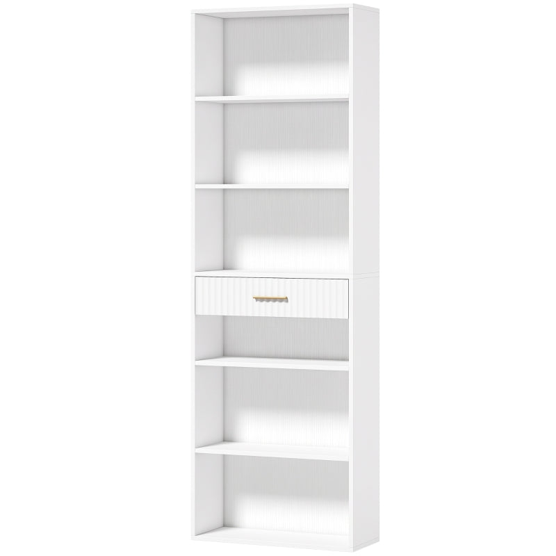 White tall narrow bookcase with open shelves and a center drawer