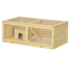 Natural wood hamster cage with mesh top, open frame, and built-in hut and ramp
