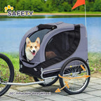 Grey and black dog bike trailer with mesh side window and rear inflatable wheel