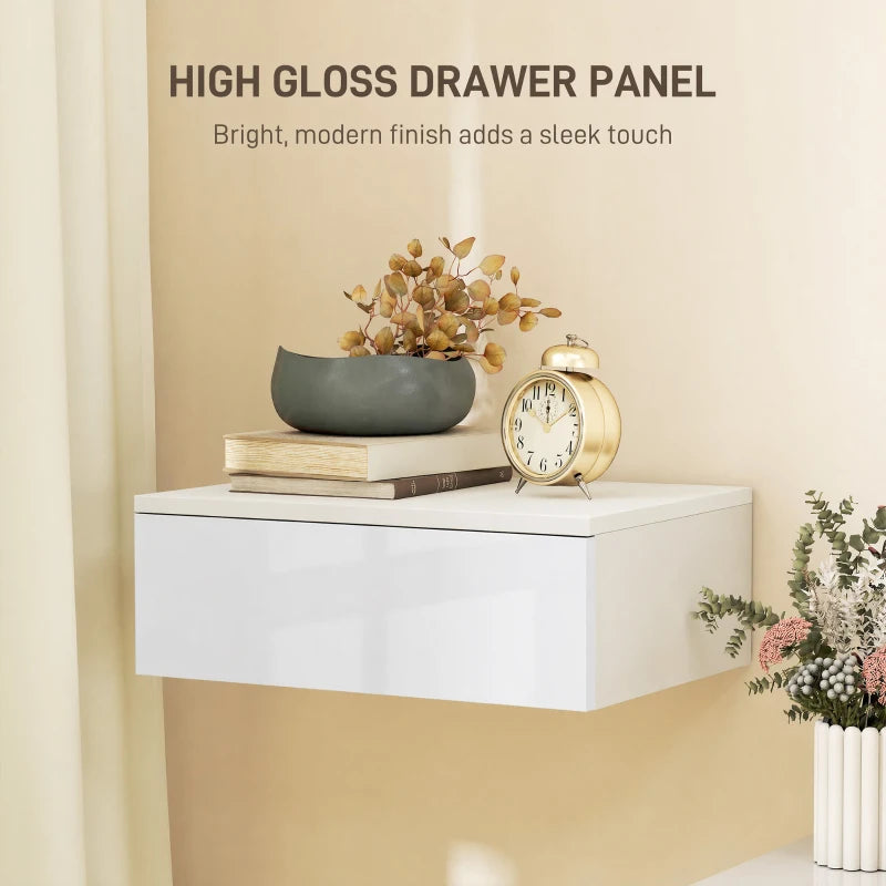 White high-gloss drawer panel wall nightstand with flat tabletop