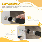 Black safety gate end with mounting parts shown for pressure-mounted installation.