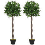 Artificial bay laurel topiary trees, two green faux trees in black pots