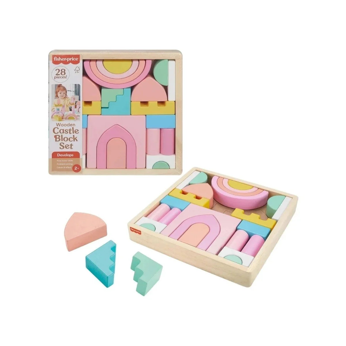 Wooden castle block set with pastel pink, blue, and green arch and curve pieces