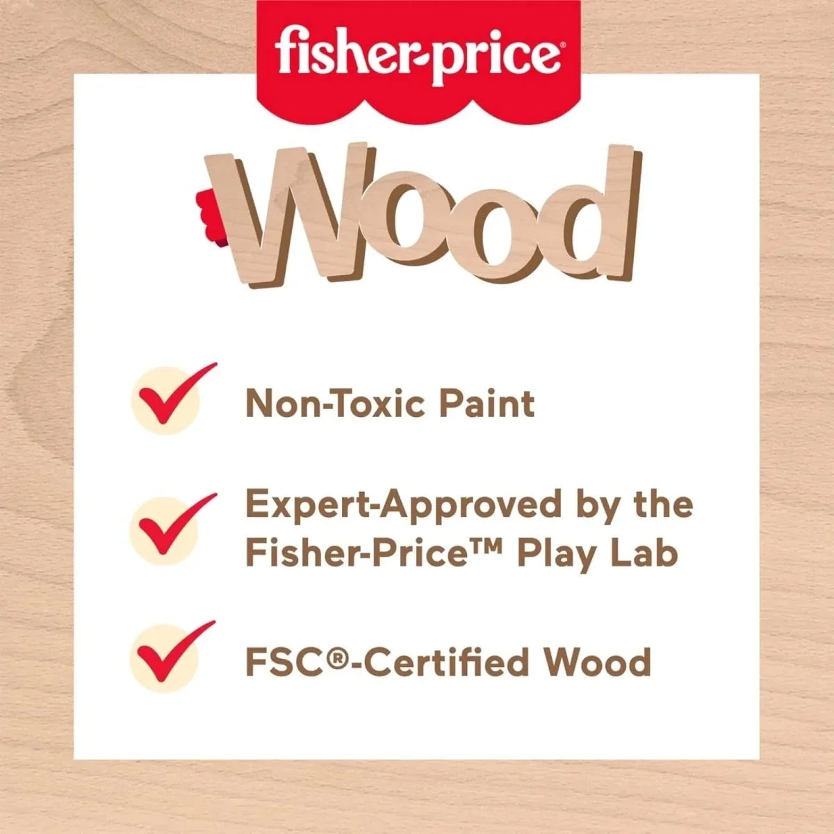 Fisher-Price Wooden castle block set packaging with non-toxic paint and FSC wood icons